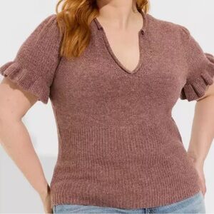 Torrid Vegan Cashmere Pullover V-Neck Rose Ruffle Sleeve Sweater 2 2X 18/20